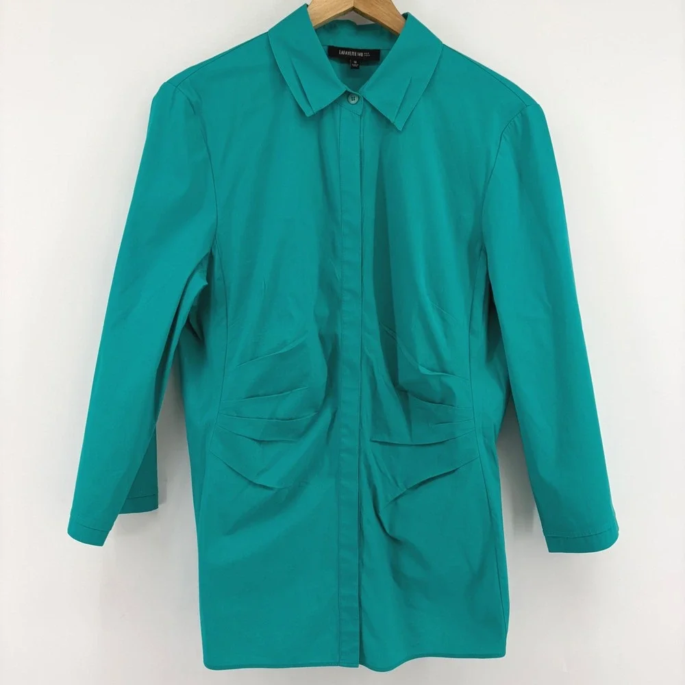 Lafayette 148 New York Teal Green Pleated Waist Hidden Button Down Shirt Size 12 - Picture 3 of 11